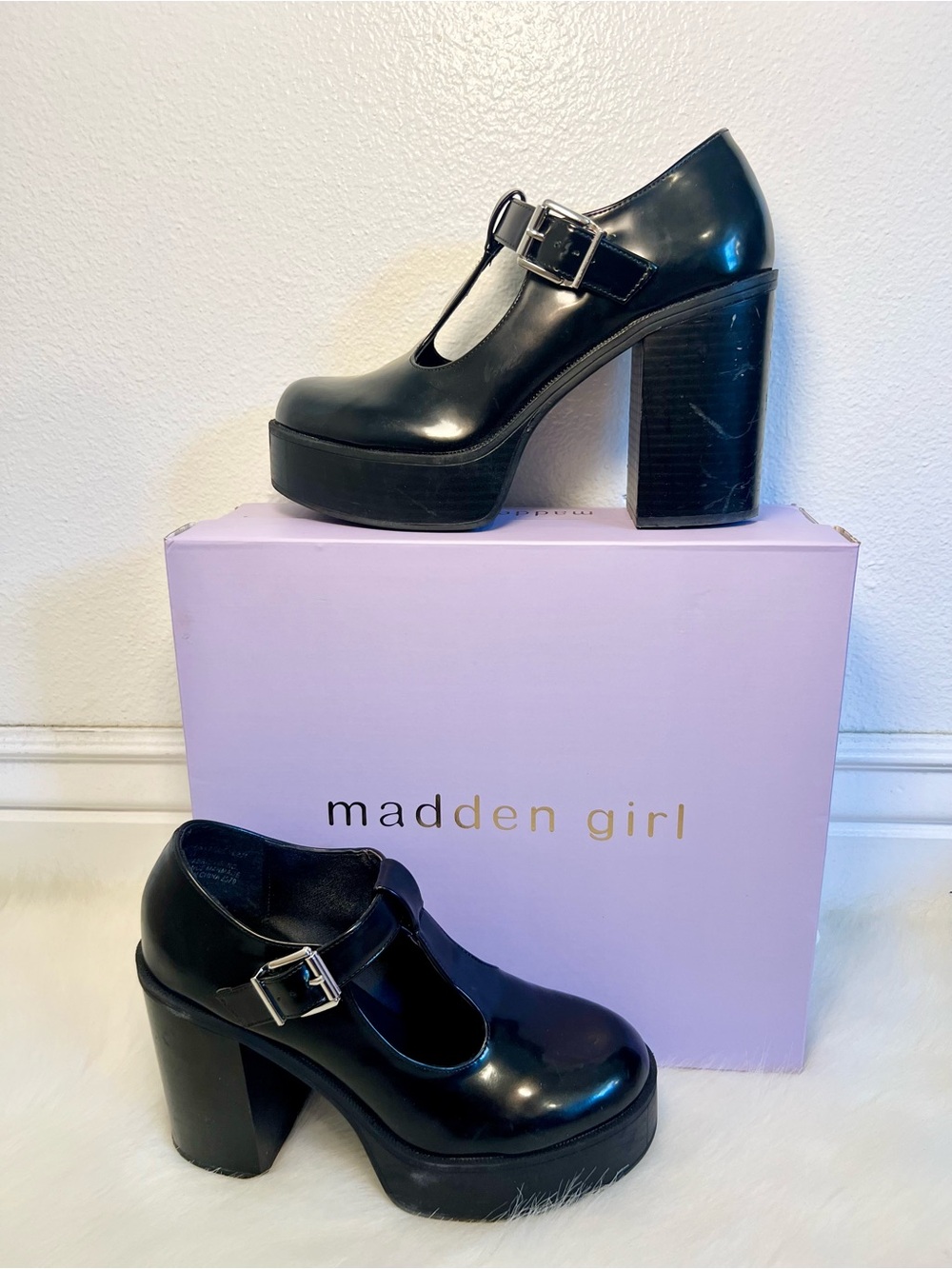 Madden Girl Roony Black Platform T-Strap Block Heel Pump